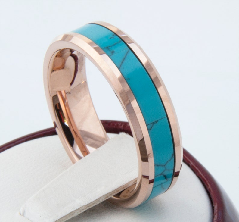 Turquoise Tungsten Ring Rose Gold Wedding Bands Men Women Anniversary Gift 8MM 6MM Size 4-15 His Her Duo Set or One Engagement Promise Ring image 3