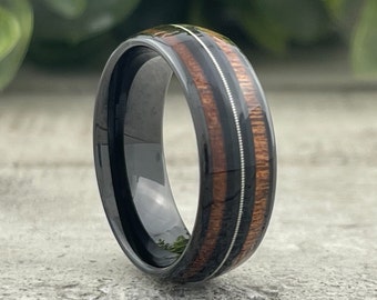 Black Wood Guitar String Ring Men 8MM Wedding Band Musician Gift Engagement Anniversary Promise Ring Sizes 5 to 15