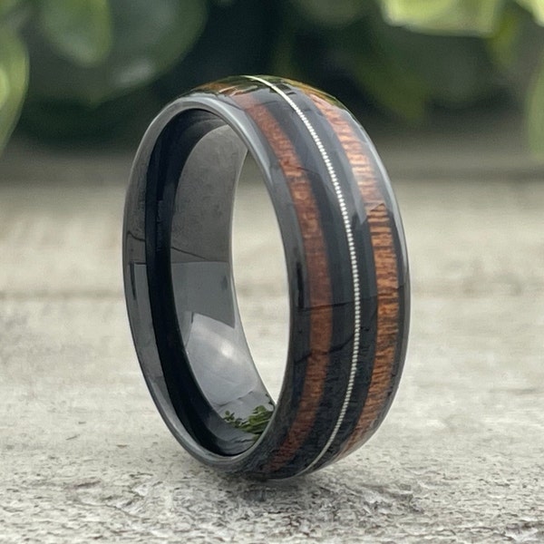 Bague cordes de guitare en bois noir pour homme, 8 mm, alliance pour musicien, cadeau de fiançailles, anniversaire de fiançailles, bague de promesse, tailles 5 à 15