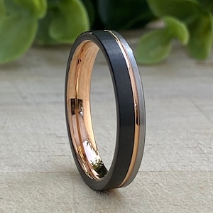 Rose Gold Tungsten Ring Black and Grey Thin 4MM Wedding Band Women Men Comfort Fit Sizes 4 to 14 His Her Anniversary Engagement Holiday Gift