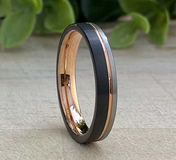 Rose Gold Tungsten Ring Black and Grey Thin 4MM Wedding Band Women Men Comfort Fit Sizes 4 to 14 His Her Anniversary Engagement Holiday Gift