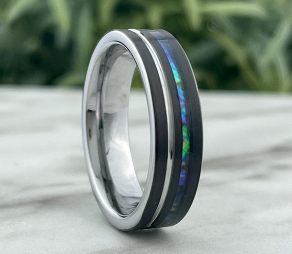 Mother Of Pearl Grey Tungsten Ring Women Men Wedding Band Black Brushed Finish 6MM Size 5 to 14 His Her Anniversary Engagement Gift