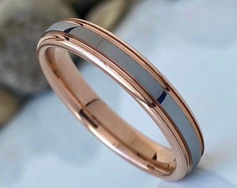 Rose Gold Grey Tungsten Ring Women MenWedding Band Polished Domed Channel Inlay Thin 4MM Size 4 to 14 Anniversary Engagement Valentine Gift