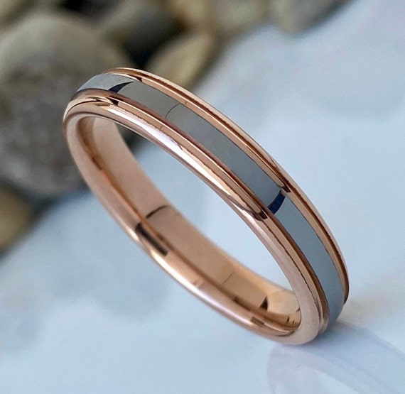 Rose Gold Grey Tungsten Ring Women MenWedding Band Polished Domed Channel Inlay Thin 4MM Size 4 to 14 Anniversary Engagement Valentine Gift