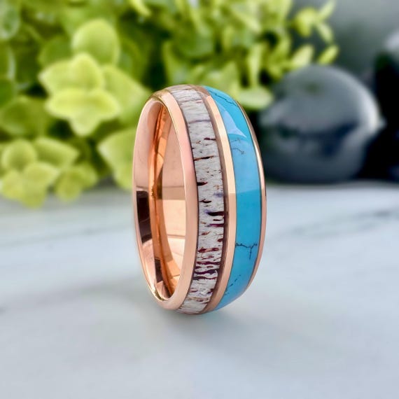 Rose Gold Tungsten Ring Deer Antler Turquoise Inlay Wedding Band Polished Domed Design 8MM