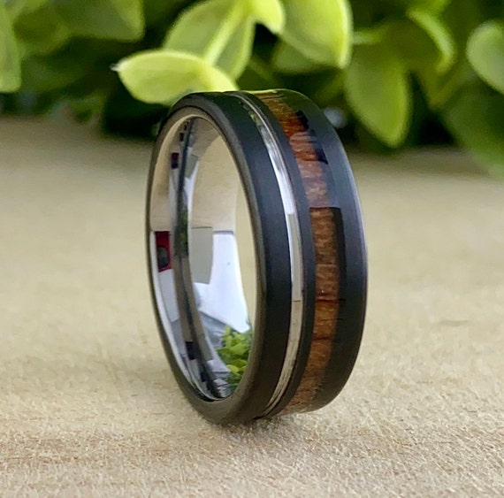 Men Grey Black Wedding Band Wood Tungsten Ring Groove 8MM Comfort Fit Male Design Size 5 to 15 Perfect Husband His Unique Anniversary Gift