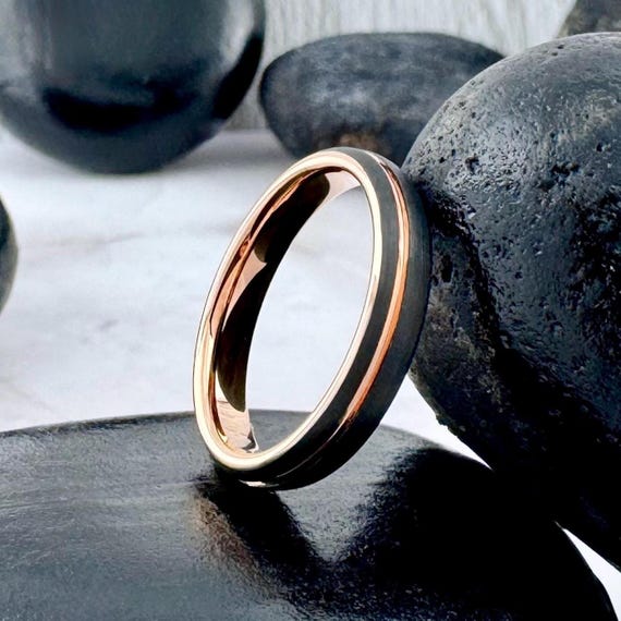 Women Thin Rose Gold Tungsten Ring Black Brushed Wedding Band 4MM Wide Men's Slim Engagement Ring His Hers Anniversary Gift