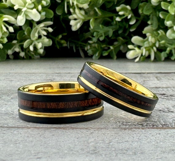 Gold Wedding Ring Set Wood Inlay Men Women Tungsten Carbide Ring Black Brushed Groove Design 8MM 6MM Size 4 to 15 His Her Anniversary Gift