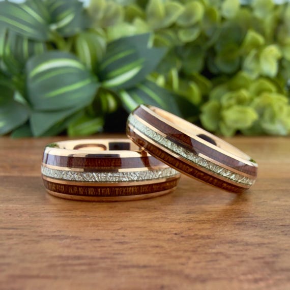 Wood and Meteorite Inlay Rose Gold Tungsten Ring Set Men Women Matching Wedding Bands His and Hers Anniversary Gift