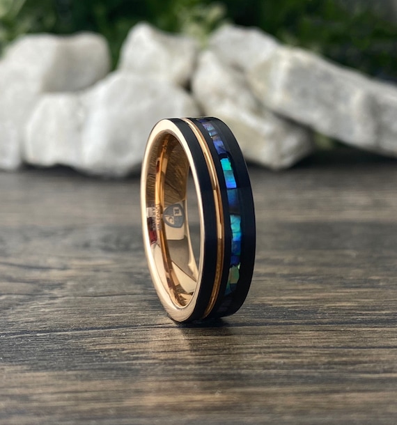 Bague en nacre or rose et tungstene pour femme alliance pour homme finition brossee noire 6 mm taille 5 a 14 cadeau de fiancailles pour son anniversaire Etsy France