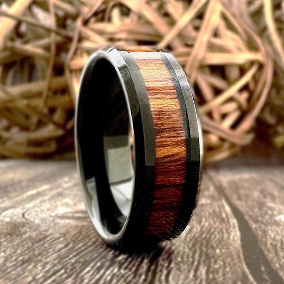 Black Wedding Band With Koa Wood Inlay Men Tungsten Carbide Ring Women Proposal Ring 8mm Width