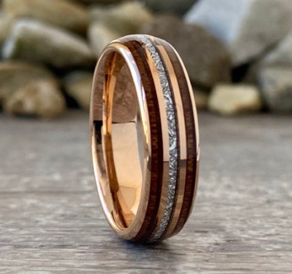 Wedding Rose Gold Ring Tungsten Anniversary Band Wood Meteorite Inlay Domed 6MM Width Size 5 to 14 Men Women Engagement Promise Ring Gift