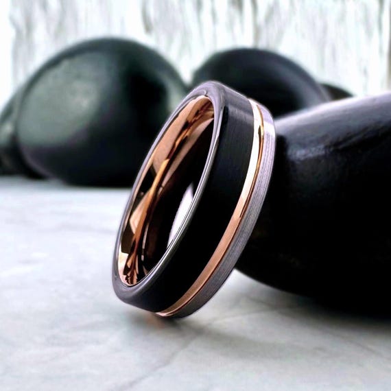 6MM Rose Gold Black and Gray Wedding Band for Women Men Triple Color Brushed Tungsten Ring Comfort Fit Promise Engagement Ring