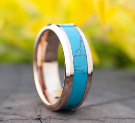 Rose Gold Turquoise Tungsten Ring Men Women Natural Wedding Band 8mm Comfort Fit Size 5-15 Husband Wife Blue Green Promise Engagement Ring