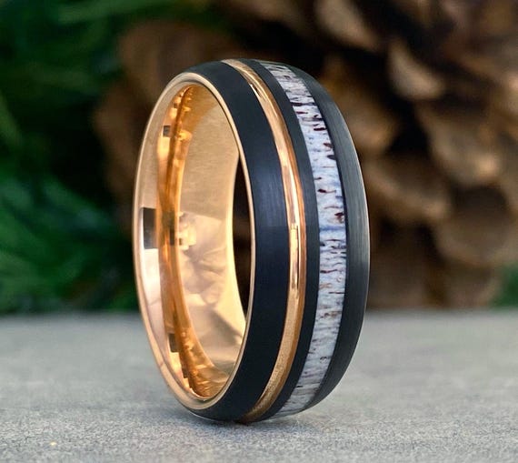 Rose Gold and Black Tungsten Ring, Deer Antler Inlay 8mm Wedding Band