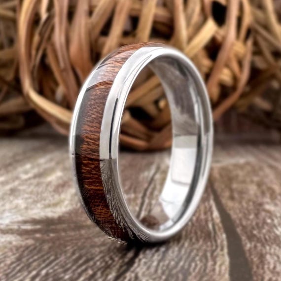 Koa Wood Tungsten Ring Women Wedding Band Men's Gray Silver Polished Dome 6mm Unisex Ring