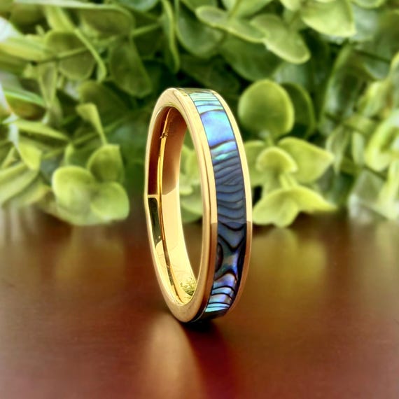 Thin Gold Tungsten Ring Abalone Shell Wedding Band, Mother of Pearl Inlay Men Women Anniversary Gift