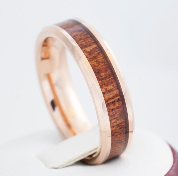 Tungsten Wood Ring Rose Gold Men Women Wedding Band 6MM Size 4 to 14 Great Anniversary His Her Elegant Hawaiian Koa Wood Inlay Engraving Opt