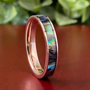 Rose Gold Mother of Pearl Thin Tungsten Ring Women Wedding Bridal Band Women Abalone Shell 4MM Size 4-14 Her Anniversary Engagement Gift
