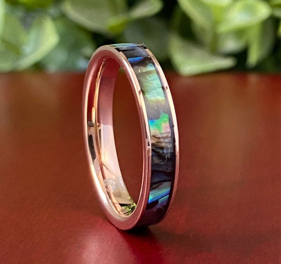 Rose Gold Mother of Pearl Thin Tungsten Ring Women Wedding Bridal Band Women Abalone Shell 4MM Size 4-14 Her Anniversary Engagement Gift