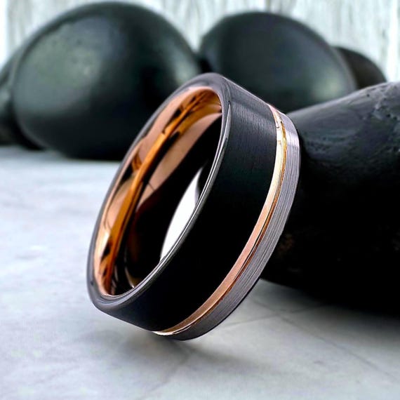 Mens Rose Gold Wedding Band Black Gray Brushed Tungsten Ring Three Tone 8MM Engagement Ring