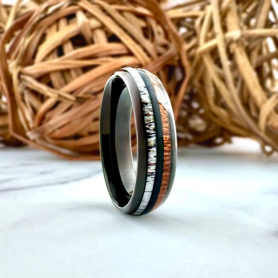 Deer Antler and Wood Tungsten Ring Black Statement Wedding Band 6mm Men or Women