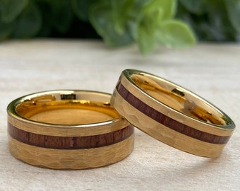 Yellow Gold Hammered Wood Tungsten Ring His Her Set or Single Wedding Band 8MM 6MM 4MM Size 4 to 15 Men Women Anniversary Duo Promise Gift