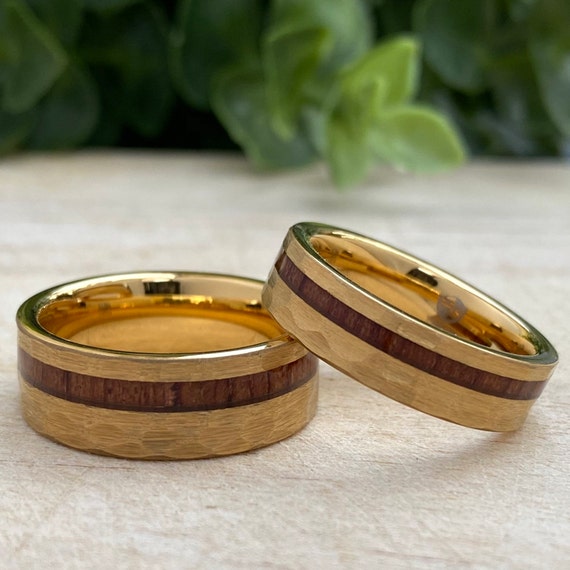 Yellow Gold Hammered Wood Tungsten Ring His Her Set or Single Wedding Band 8MM 6MM 4MM Size 4 to 15 Men Women Anniversary Duo Promise Gift