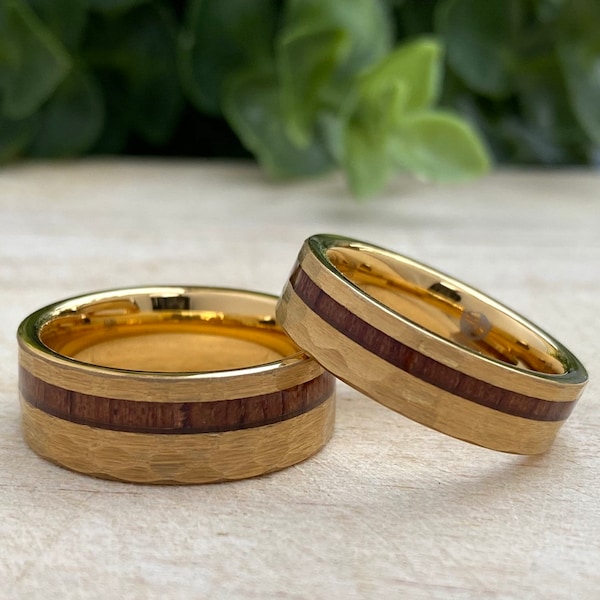 Yellow Gold Hammered Wood Tungsten Ring His Her Set or Single Wedding Band 8MM 6MM 4MM Size 4 to 15 Men Women Anniversary Duo Promise Gift