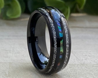 Bague en tungstène noir, incrustation de météorites et de nacre, alliance de 8 mm, cadeau d'anniversaire pour lui