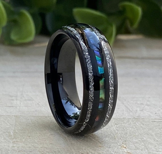 Black Tungsten Ring Meteorite Mother of Pearl 3 Layer Inlay Men Women Wedding Band 8MM Size 5-15 Male Anniversary His Hers Promise Gift Idea