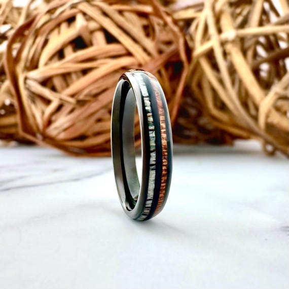 Thin Black Tungsten Ring Deer Antler and Wood Inlay 4MM Men Women Wedding Engagement Ring