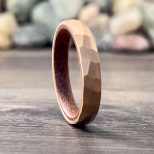 Rose Gold Hammered Wedding Band Thin Wood Inside Tungsten Ring Women Men 4MM Thin Matte Finish Size 5 to 13 Anniversary Engagement Gift Idea image 2