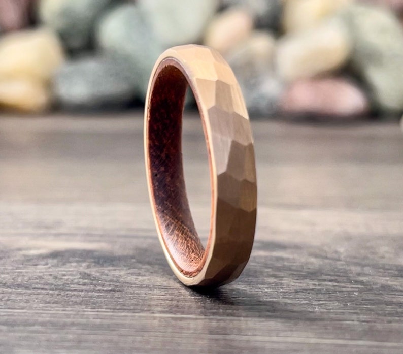 Rose Gold Hammered Wedding Band Thin Wood Inside Tungsten Ring Women Men 4MM Thin Matte Finish Size 5 to 13 Anniversary Engagement Gift Idea image 2