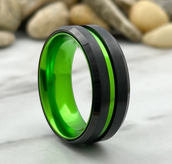 Green Ring Black Tungsten Groove Beveled Edges Men Wedding Band 8mm Size 5 to 14 His Anniversary Gift Comfort Fit Engagement Promise Ring