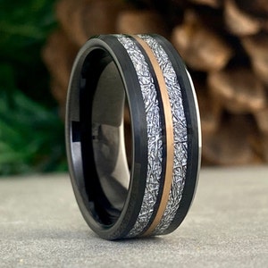 Black Tungsten Ring Men Wedding Band Meteorite Inlay Rose Gold Line 8MM Width Size 5 to 15 Male Engagement Anniversary His Holiday Gift Idea