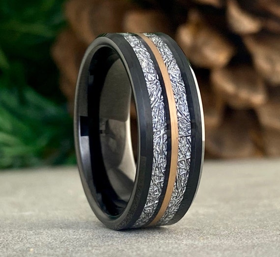 Black Tungsten Ring Men Wedding Band Meteorite Inlay Rose Gold Line 8MM Width Size 5 to 15 Male Engagement Anniversary His Holiday Gift Idea