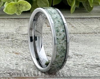 Anillo de tungsteno gris con ágata musgosa de 6 mm para hombre y mujer, ideal como regalo de compromiso, boda o aniversario.