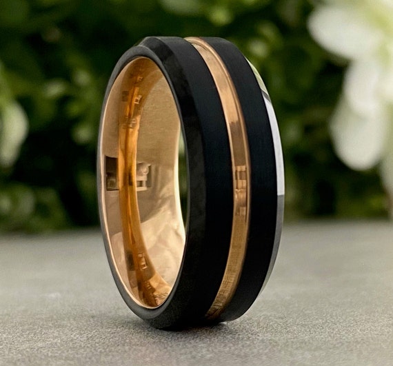 Men Rose Gold Wedding Ring Black Tungsten Band His Comfort Fit Design 8MM Size 5 to 14 Male Unique Anniversary Engagement Promise Gift Idea