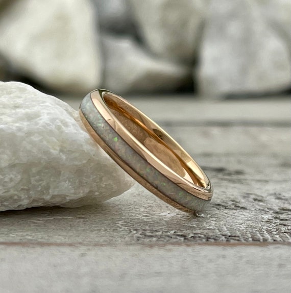Thin 4mm White Opal Tungsten Ring Rose Gold Women Wedding Band Dome Design Size 4 to 12 Her Anniversary Engagement Promise Gift Mothers Day