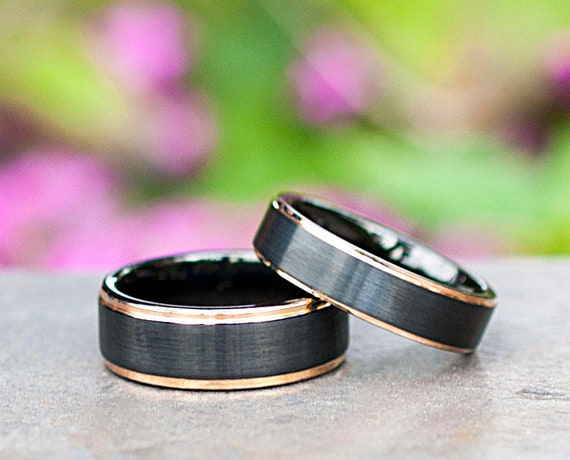 Tungsten Ring Men Women Black Matte Brush And Rose Gold Thin Line Wedding Band 8MM 6MM Size 4-15 Gift Set Or 1 Add Personal Engraving Opt