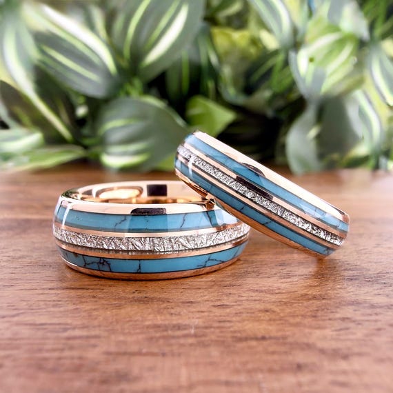 Rose Gold Wedding Band Set Turquoise and Meteorite Inlay, Men Women Tungsten Rings His and Hers Anniversary Gift