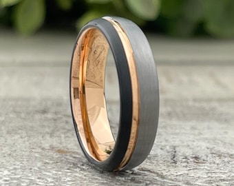 Rose Gold Men Women Wedding Band Grey Black Brushed Tungsten Ring 6MM Size 4 to 14 Promise Anniversary Engagement Gift Engraving Available