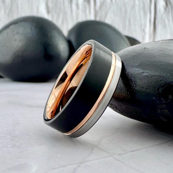 Mens Rose Gold Tungsten Wedding Band: Black Gray Brushed Ring 8MM