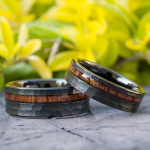 Hammered Black Wood Tungsten Ring Set His Her Wedding Band 8MM 6MM 4MM Size 4 to 15 Men Women  Anniversary Couple Duo Or Single Promise Gift