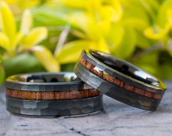 Hammered Black Matching Rings Koa Wood Inlay Mens Womens Wedding Band Set