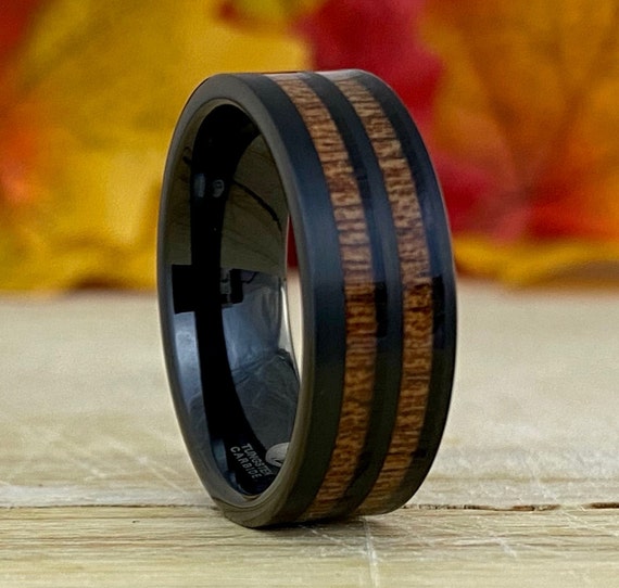 Men Black Tungsten Ring Double Wood Inlay Wedding Band Brush 8MM Comfort Fit Size 5 - 14 His Unique Engagement Anniversary Holiday Gift Idea