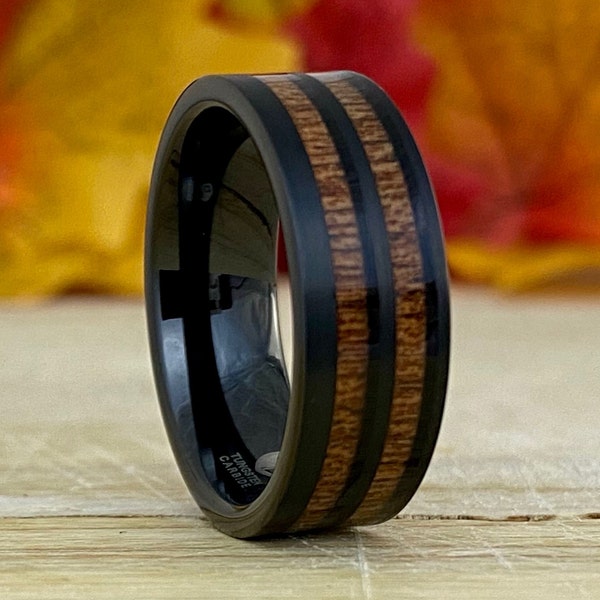 Men Black Tungsten Ring Double Wood Inlay Wedding Band Brush 8MM Comfort Fit Size 5 - 14 His Unique Engagement Anniversary Holiday Gift Idea