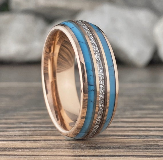 Turquoise Meteorite Triple Inlay Rose Gold Wedding Band Men Women Tungsten Ring 8MM Size 5 to 15 His Her Anniversary Engagement Promise Gift