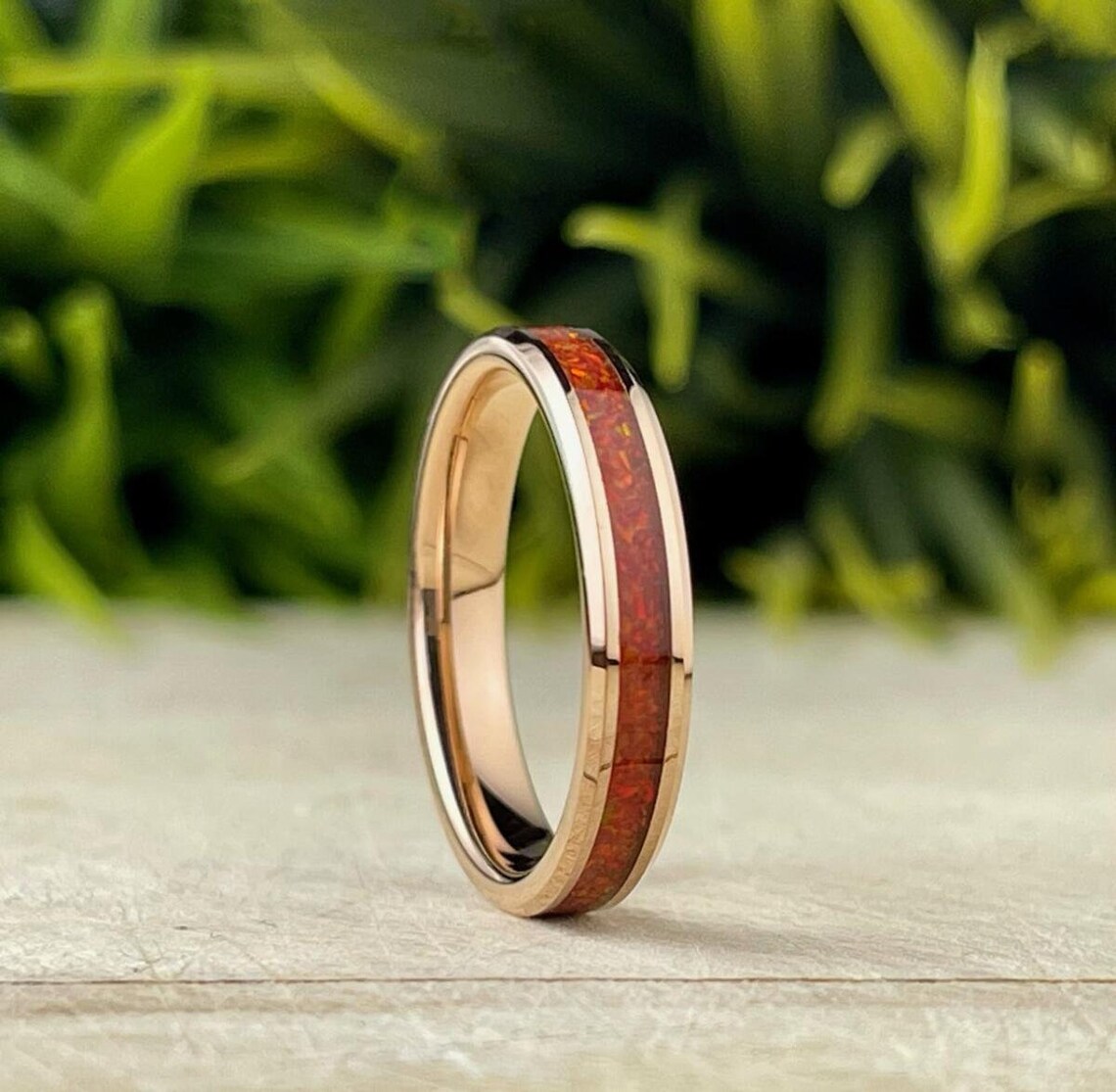 Red Opal Wedding Band Rose Gold Tungsten Ring 4mm Thin Women | Etsy